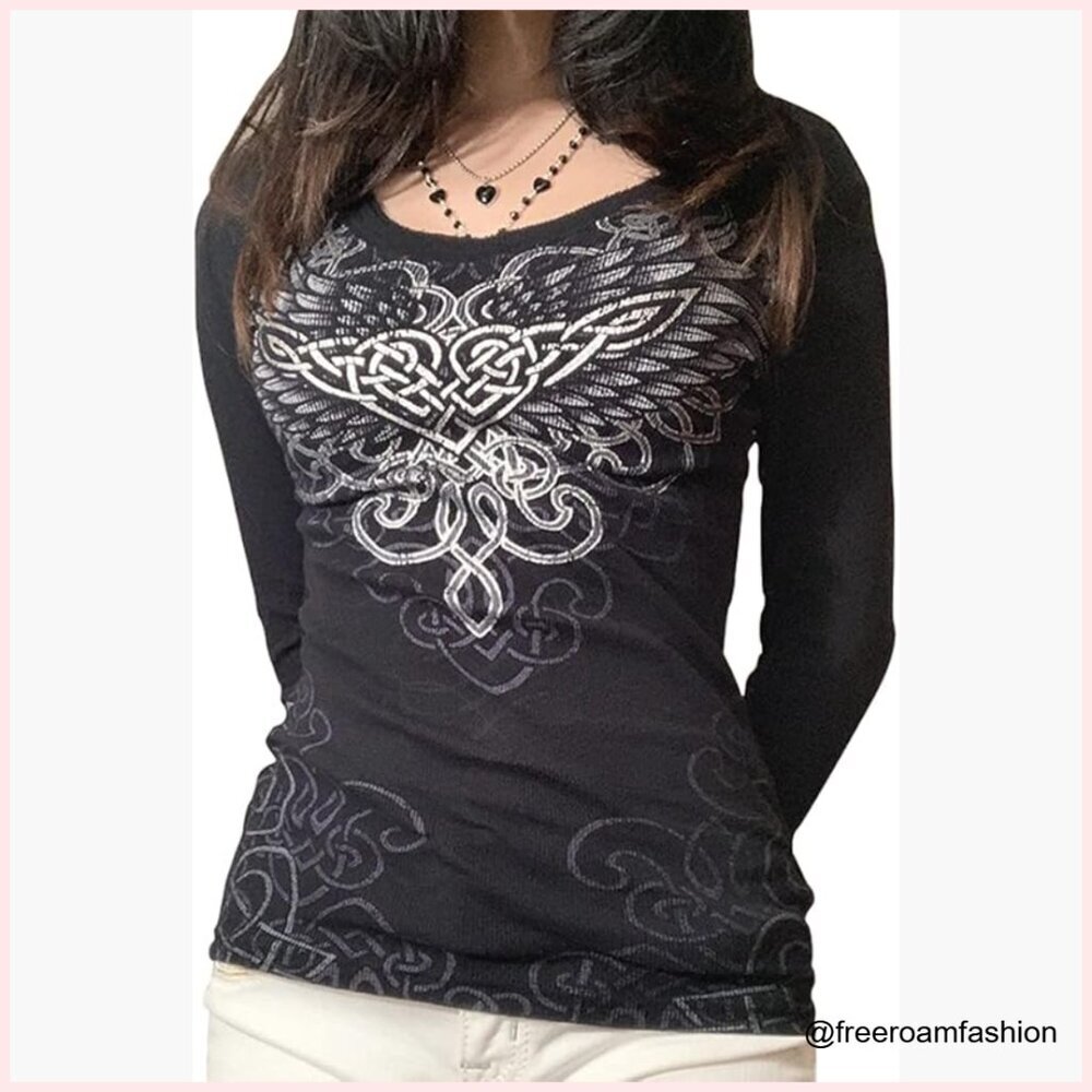 Long Sleeve V Neck Crop Top Slim Fit Y2K Grunge T-Shirt Rhinestone - Picture 1 of 7